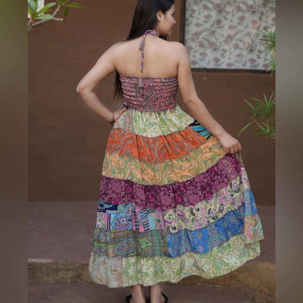 Smocked Ruched Patchwork Boho Dress Skirt - Picture 7 of 17